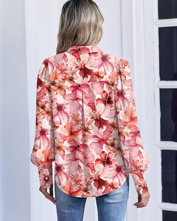 Girls's Button-Down Blouse, Lantern Sleeve Long-Sleeve Top, Business Casual Chiffon Blouse, Fashionable Workwear