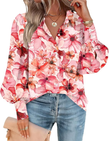 Girls's Button-Down Blouse, Lantern Sleeve Long-Sleeve Top, Business Casual Chiffon Blouse, Fashionable Workwear