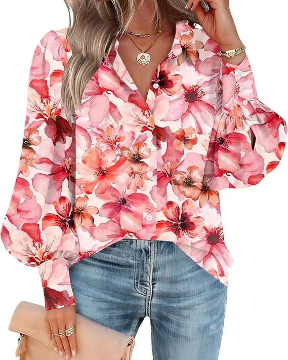 Girls's Button-Down Blouse, Lantern Sleeve Long-Sleeve Top, Business Casual Chiffon Blouse, Fashionable Workwear